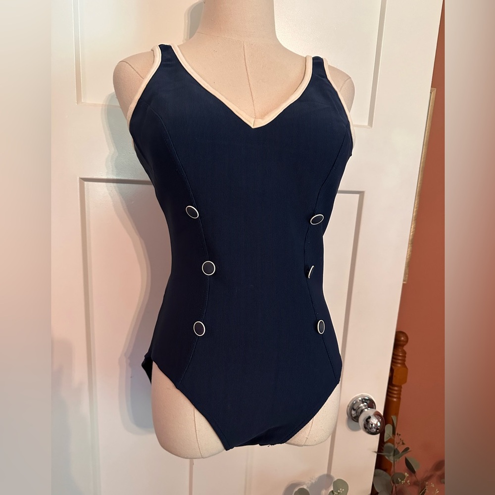 Vintage Maillot Baltex Body ribbed one-piece 12 navy white buttons swimsuit